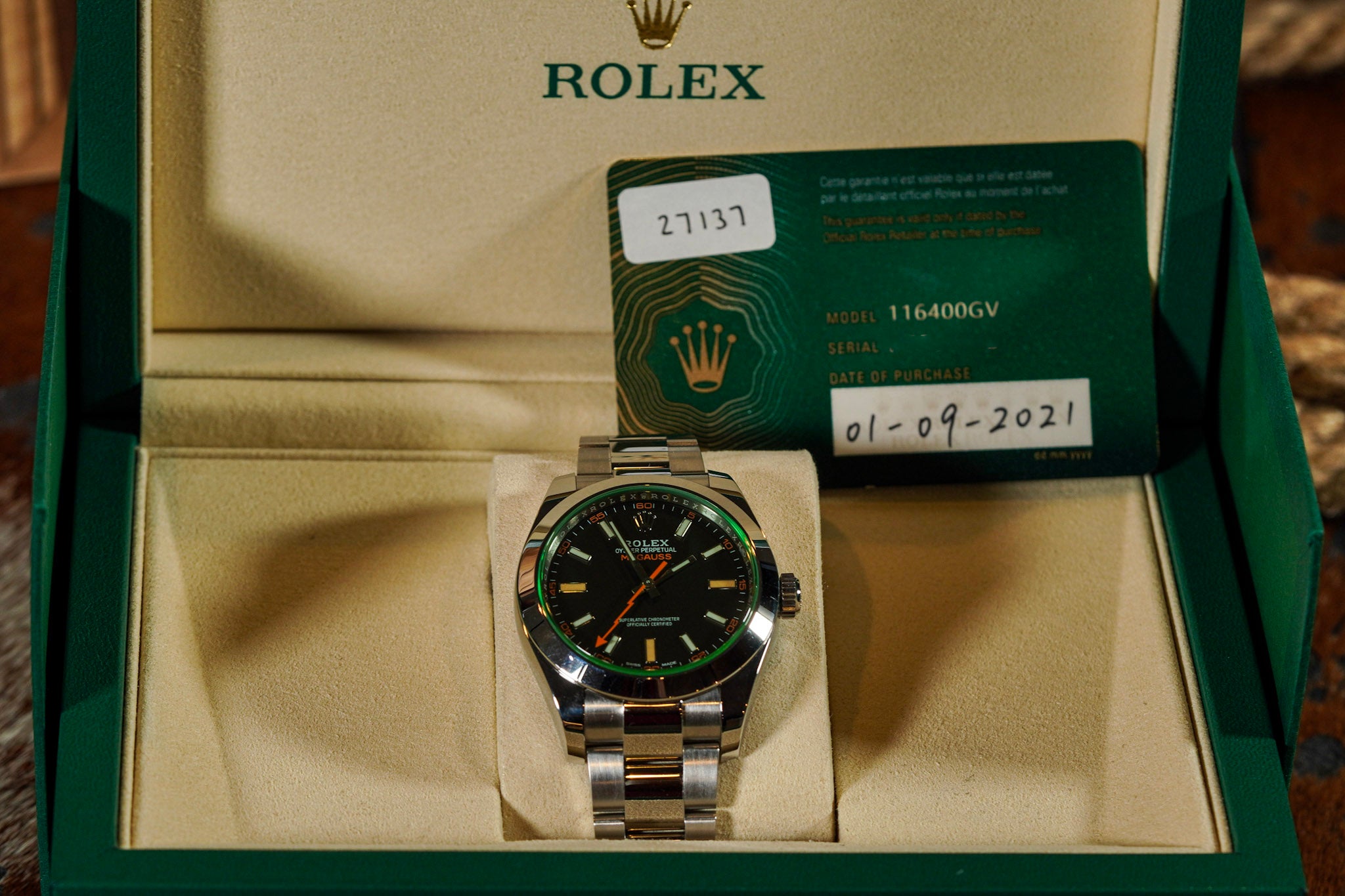 Rolex Milgauss 116400GV 2021 Black Dial Green Crystal Box & Card