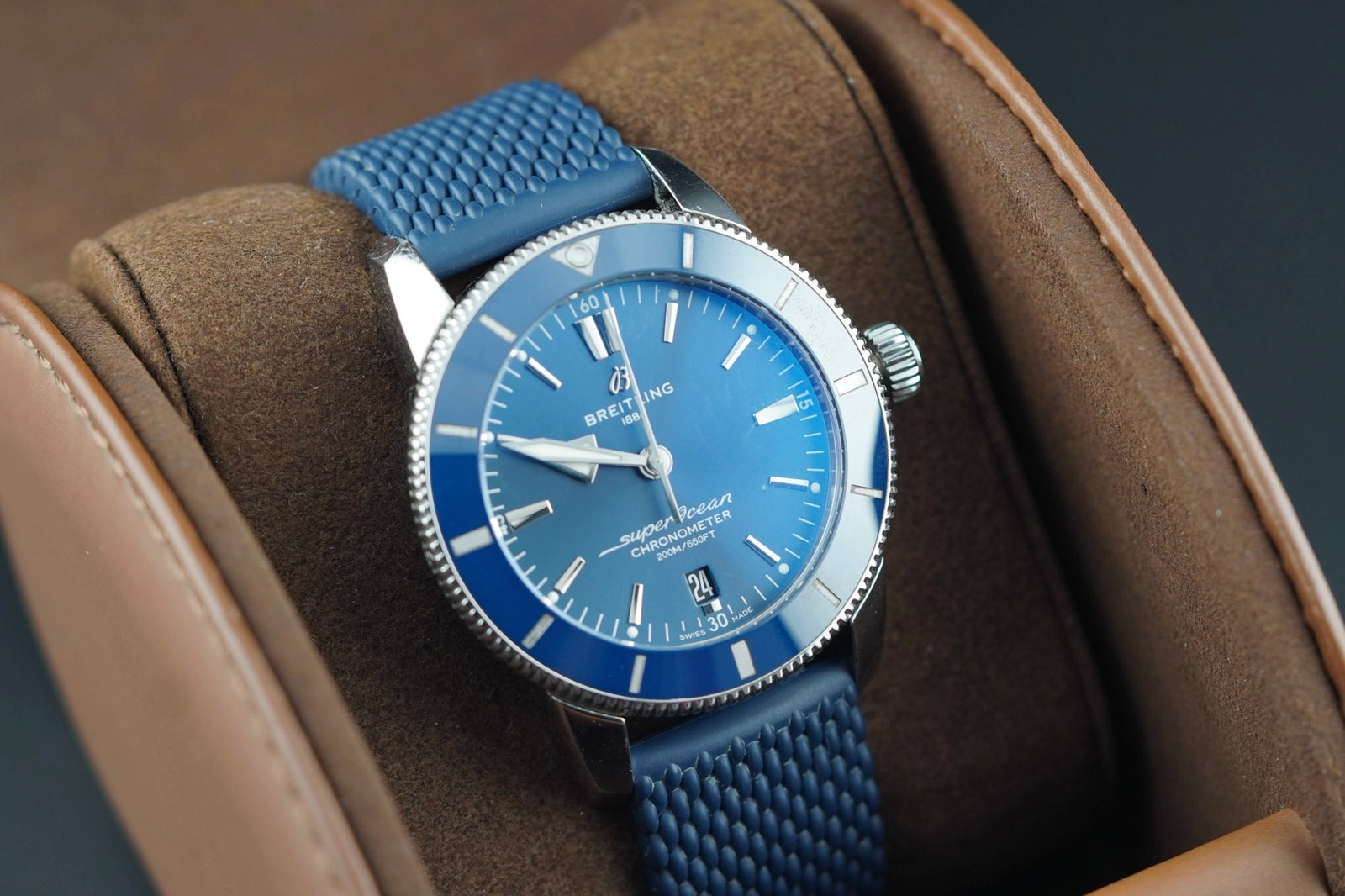 BREITLING SUPER OCEAN HERITAGE BLUE Dial on BLUE RUBBER A23370 Complete Open Date