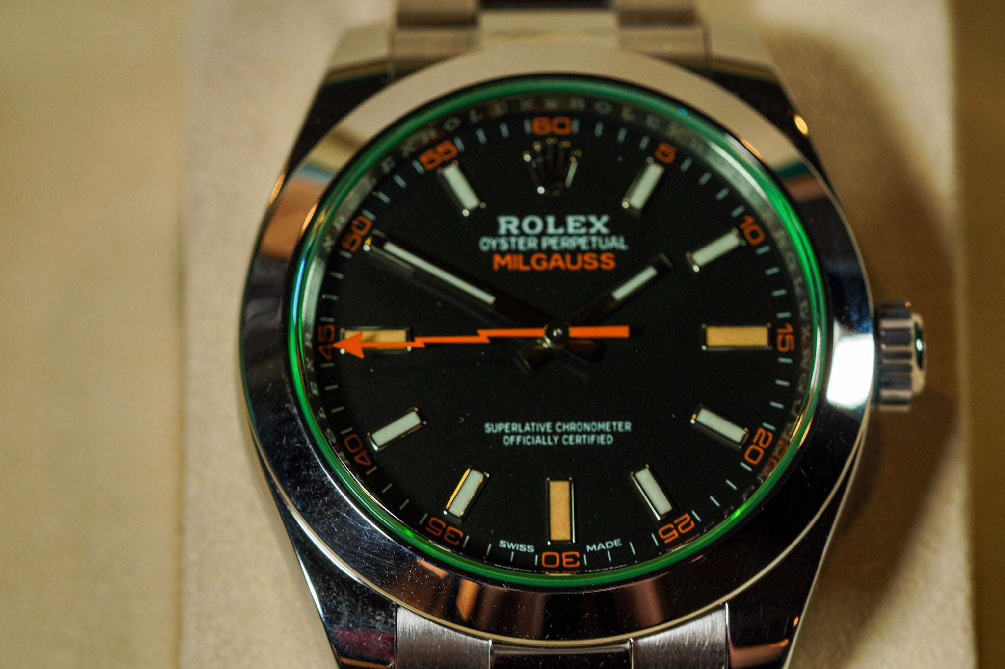 Rolex Milgauss 116400GV 2021 Black Dial Green Crystal Box & Card