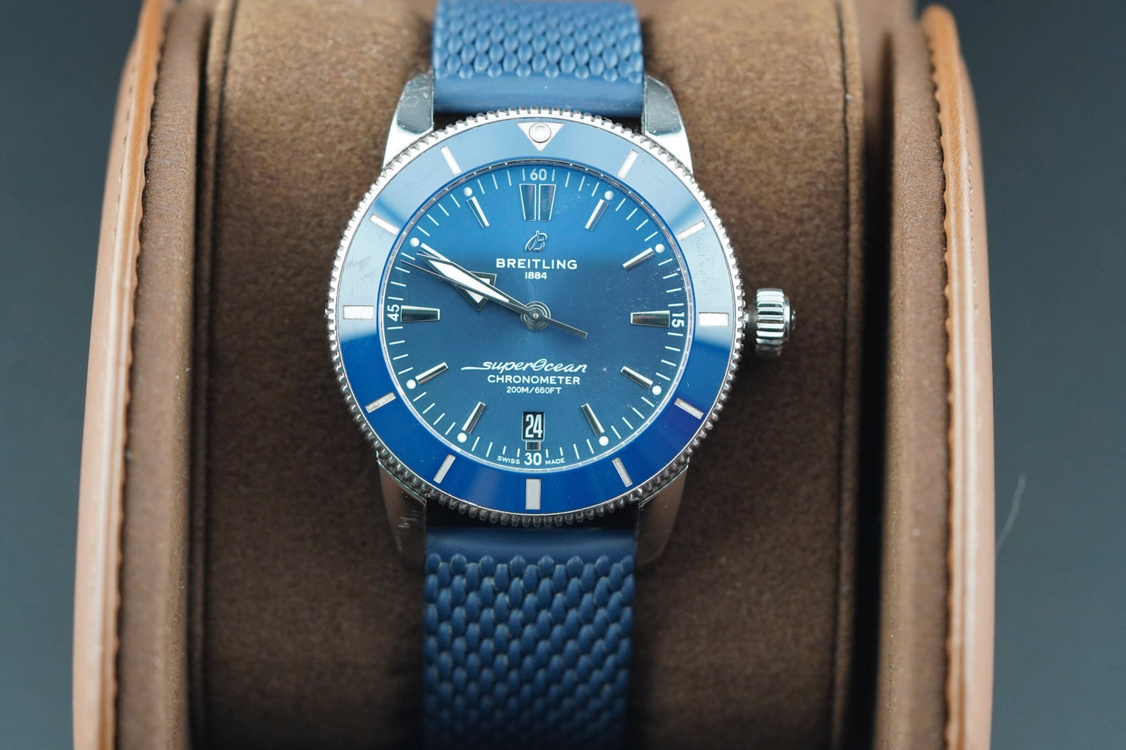 BREITLING SUPER OCEAN HERITAGE BLUE Dial on BLUE RUBBER A23370 Complete Open Date