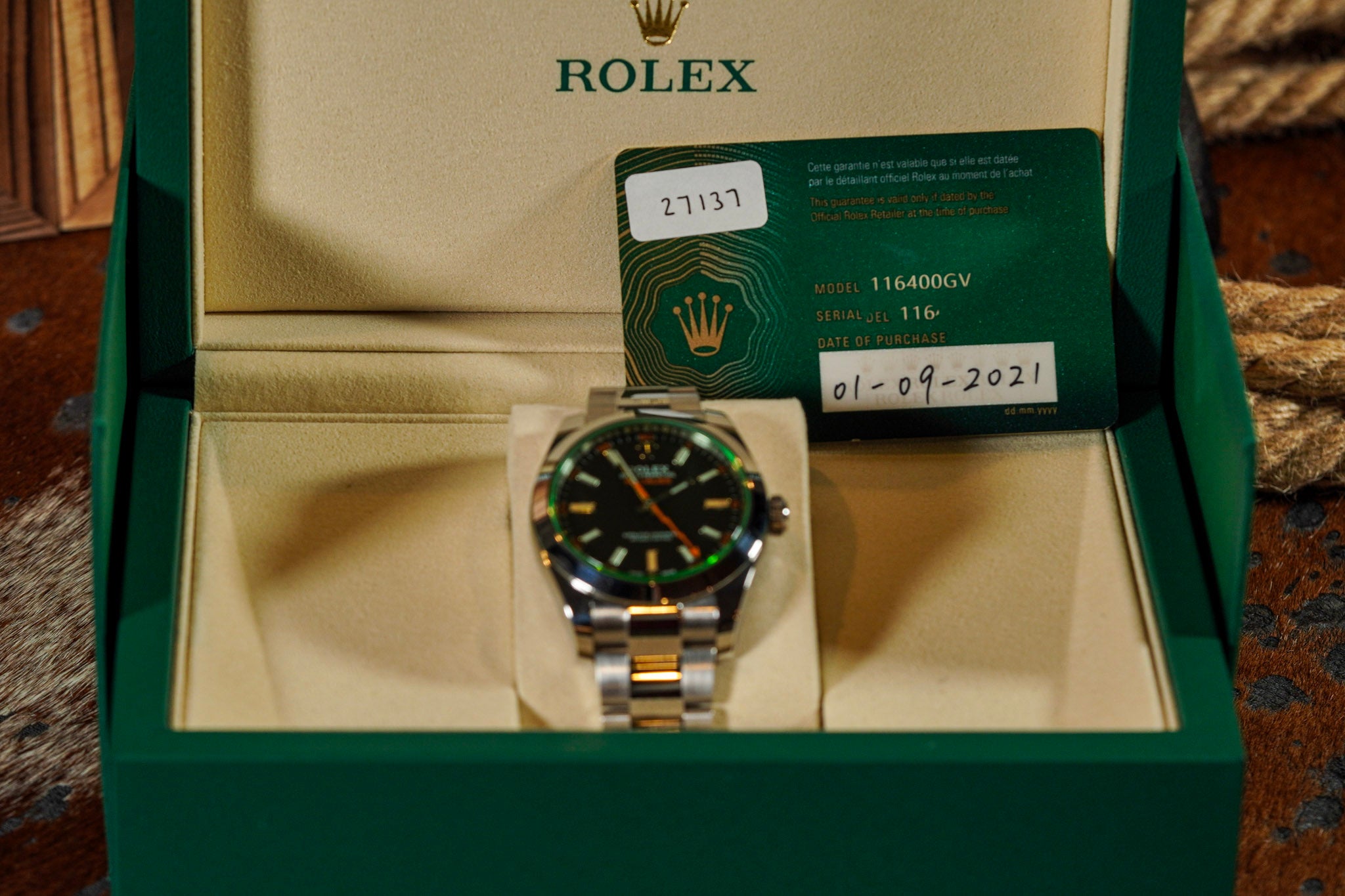 Rolex Milgauss 116400GV 2021 Black Dial Green Crystal Box & Card
