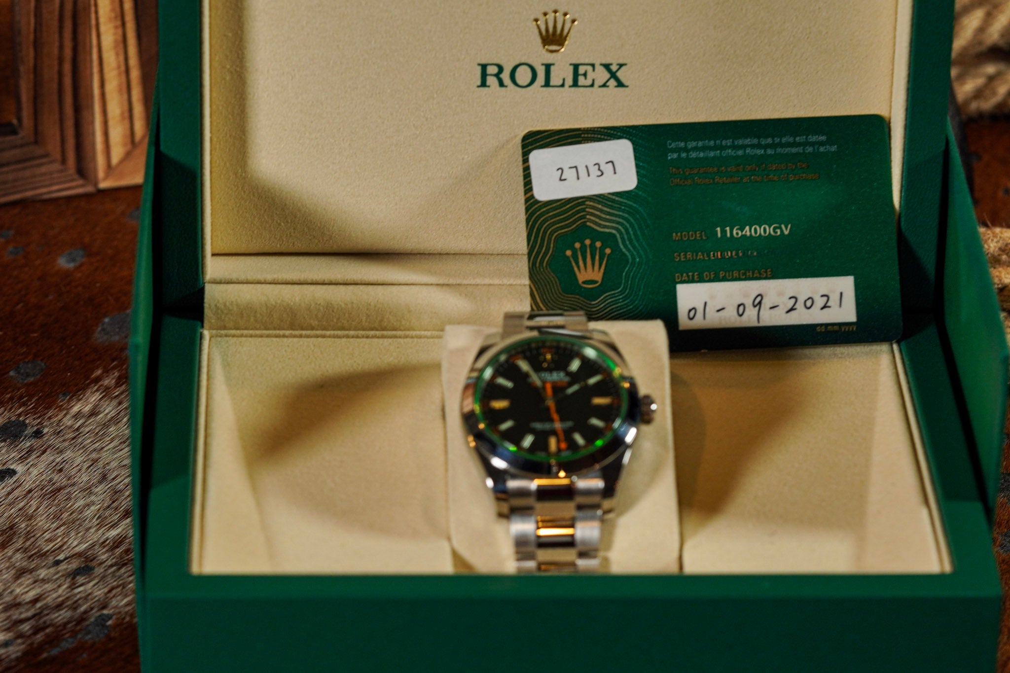 Rolex Milgauss 116400GV 2021 Black Dial Green Crystal Box & Card