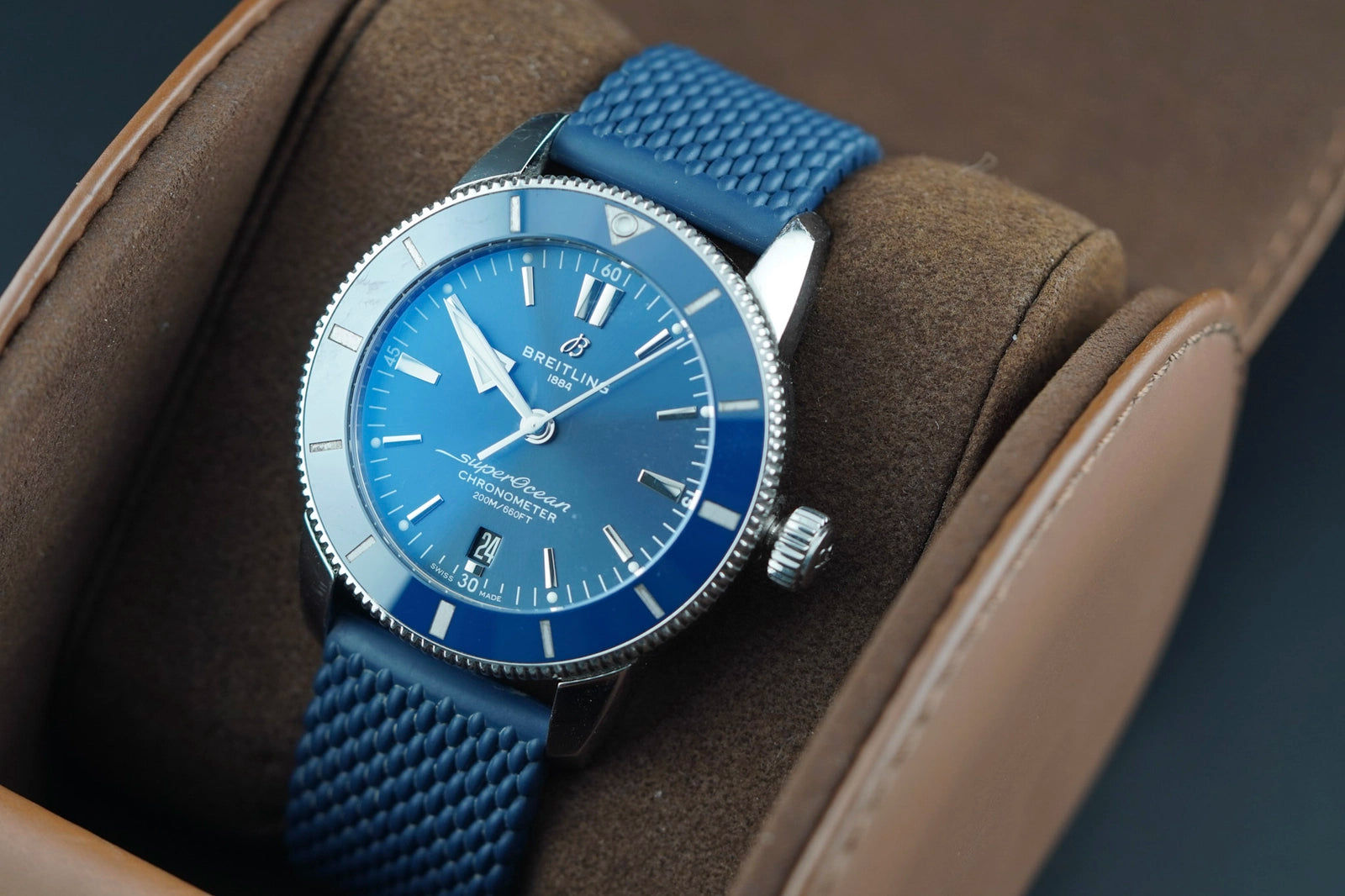 BREITLING SUPER OCEAN HERITAGE BLUE Dial on BLUE RUBBER A23370 Complete Open Date
